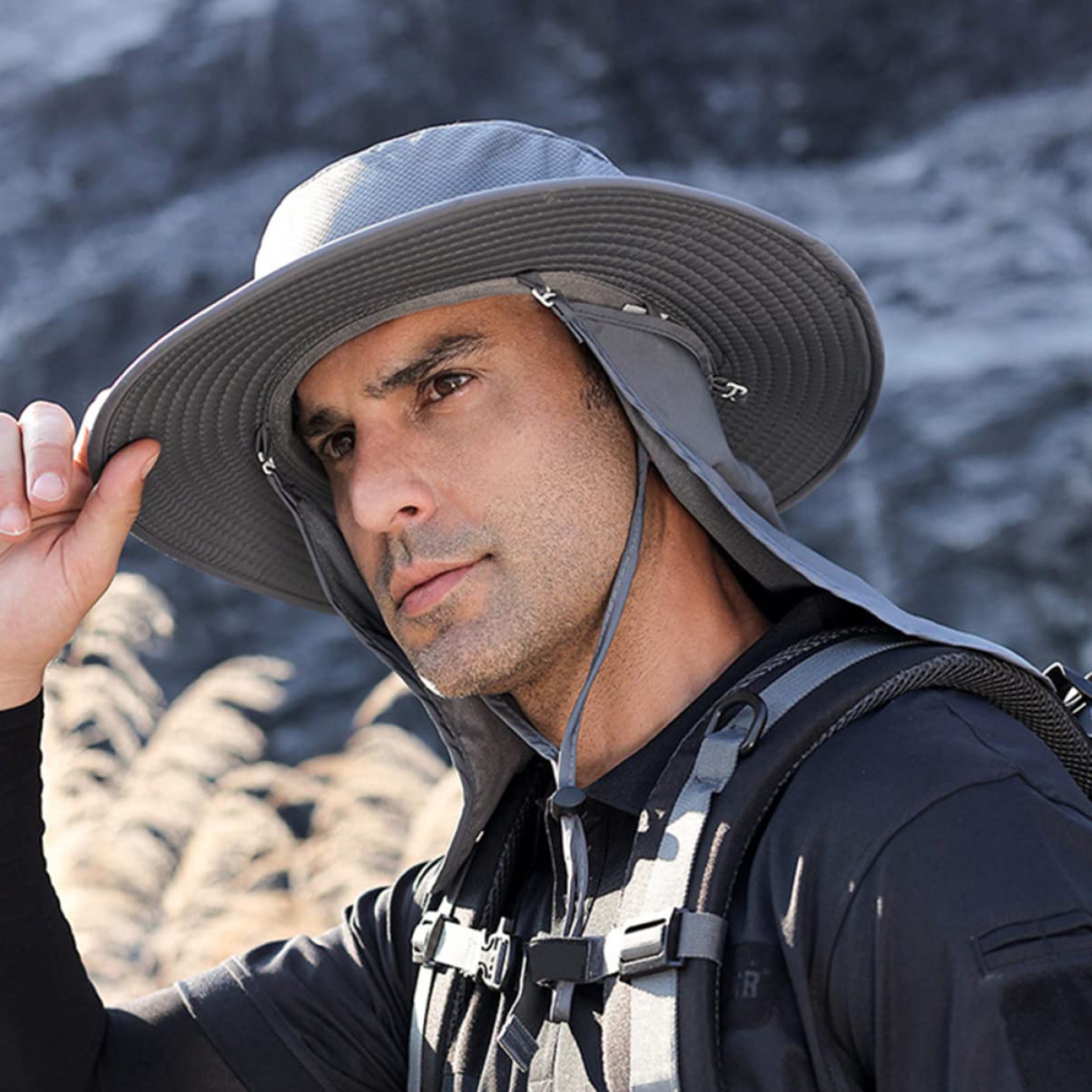 BESTonZON Sombrero de Pesca de protección Solar de los Hombres Sombreros de Pesca para Hombres protección Solar Sombrero para el Sol Desmontable Gorras de protección Solar Nylon Gris