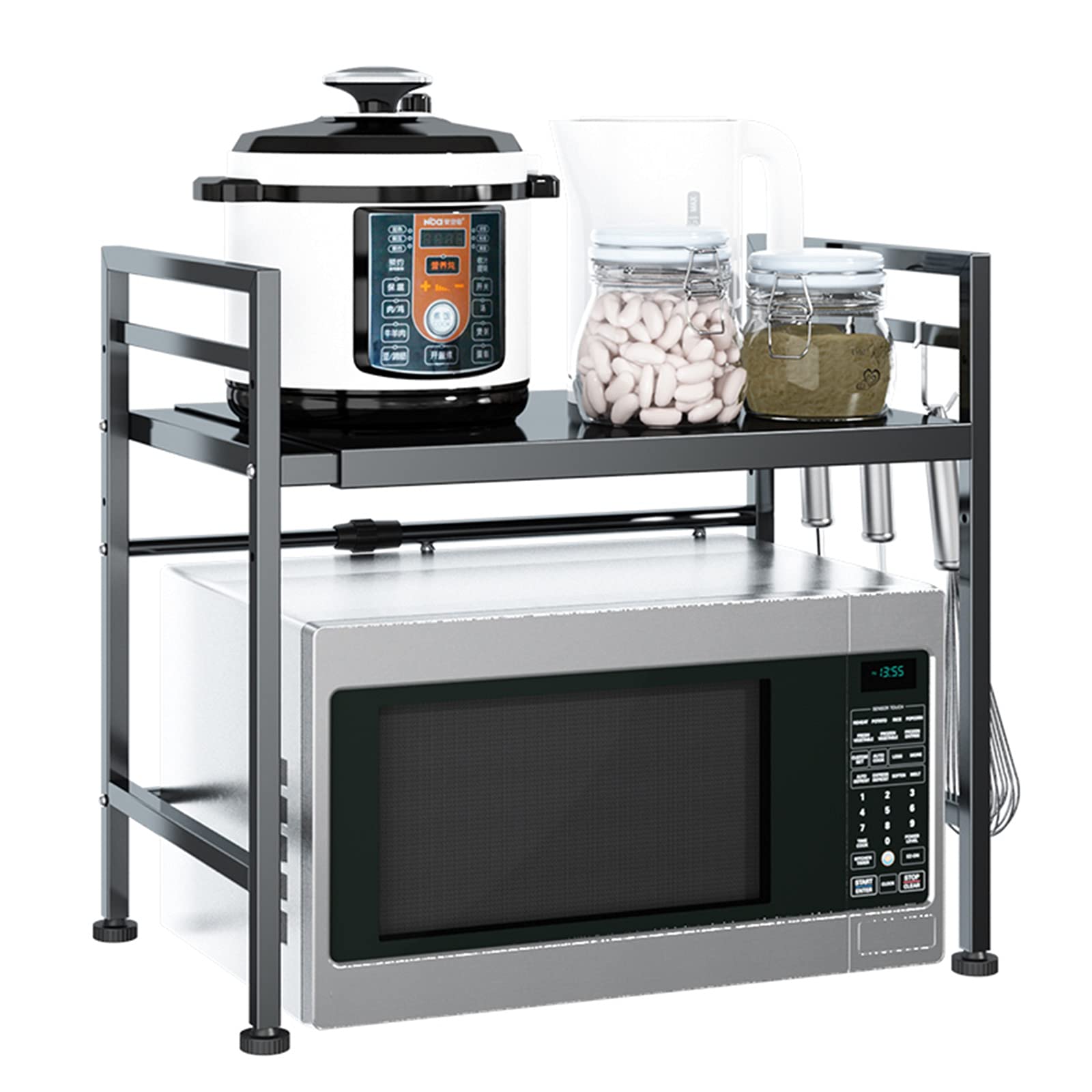 Verstellbarer Mikrowellen Ständer 2/3-stufiges mit 3 Haken, Erweiterbar 40-60cm & Höhenverstellbar 5cm, Küchentheke Ständer Regalregal Organizer, Schwarz