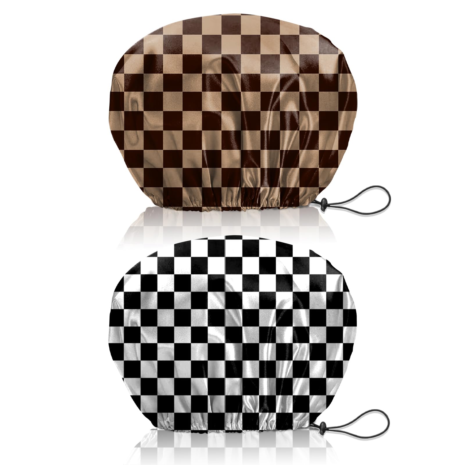 BHAHB 2 PCS Shower Cap Reusable Waterproof Double Layer Elastic Adjustable Hair Bath Caps Cute Aesthetic for Women Girls (V17-Brown Black)