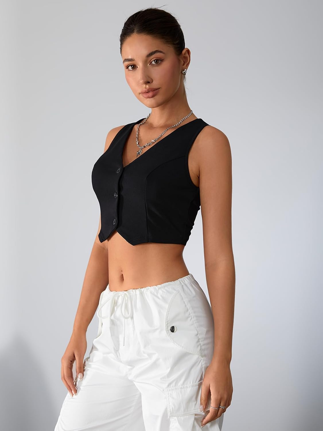 Milumia Women's Button Up Suit Vest Shirt Waistcoat Sleeveless Cropped Blazer Vest Tops - Image 4