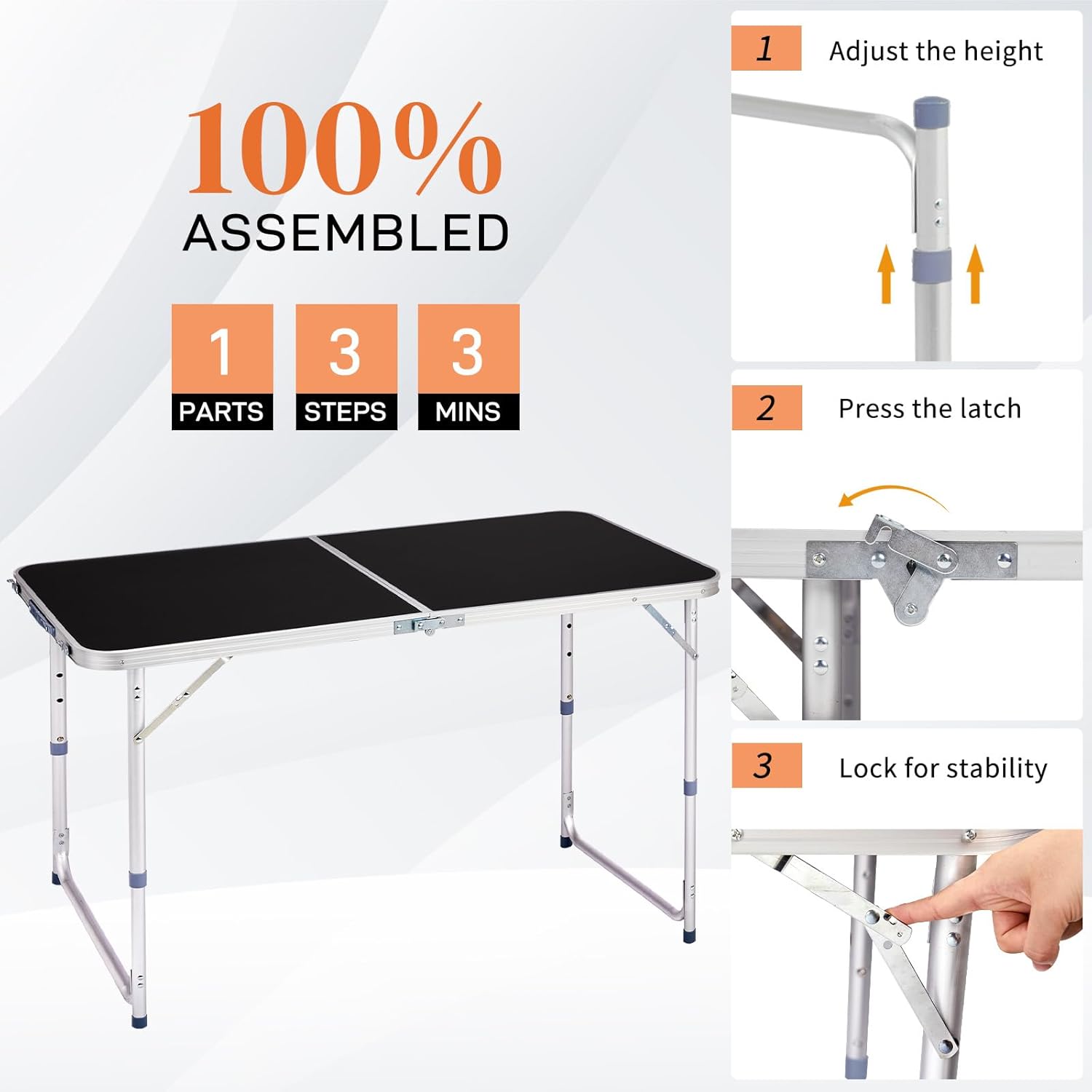 4.0 Ft Folding Portable Camping Table with Three Adjustable Heights, RV Tables for Inside a Camper, Outdoor, BBQ, Dining, Picnic, Cooking, Beach, Garden, Black