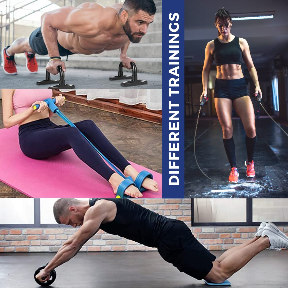 Kit allenamento con rullo addominali, corda elastica di resistenza con pedali e tappetino per ginocchia, set fitness 5 in 1 esercizi in casa e palestra. K4706