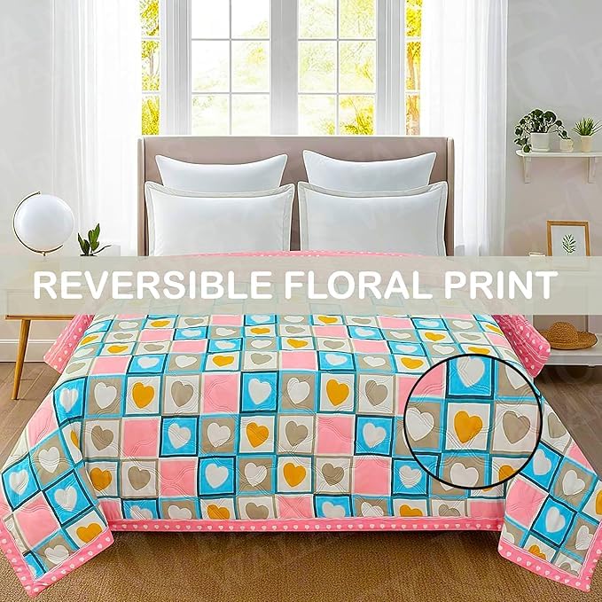 Image of Dohar Single OR Double Bed 100% Cotton Blankets for Summer 150GSM Ac Comforter and Cooling for Summer Classic Printed Design Quilt Ideal for Gifting (Heart Flower Design, Double Bed)