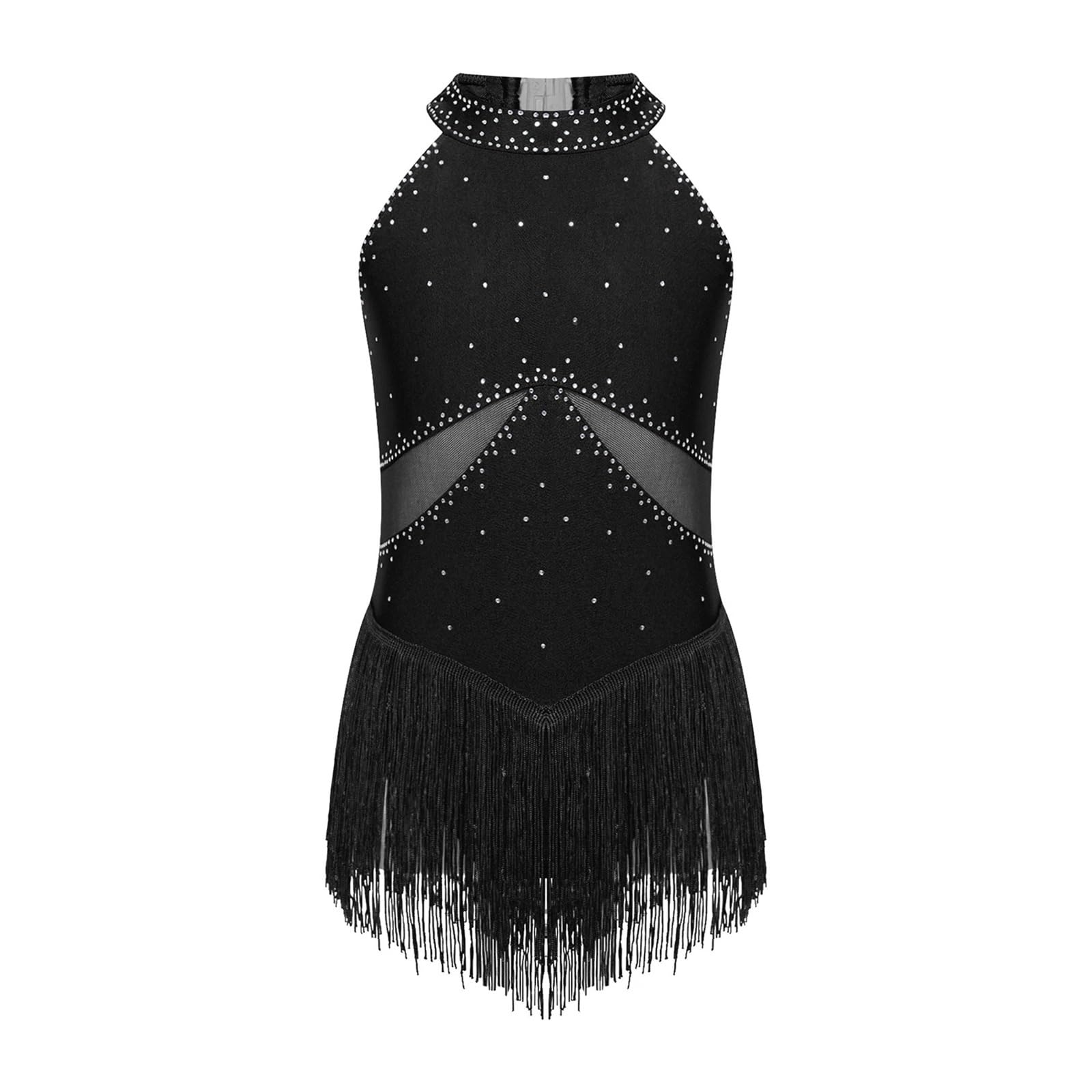 Maillot Patinaje artistico Leotardo con Flecos y Diamantes de imitación for niñas, Vestido de Patinaje artístico, Mono con borlas for Gimnasia, Cha-Cha, Tango, Baile Latino(Black,6)