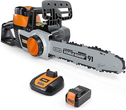 TECCPO Motosierra inalámbrica, motosierra eléctrica de 40 V y 12 pulgadas, motor de alto rendimiento, batería Samsung de 2.5 Ah y cargador