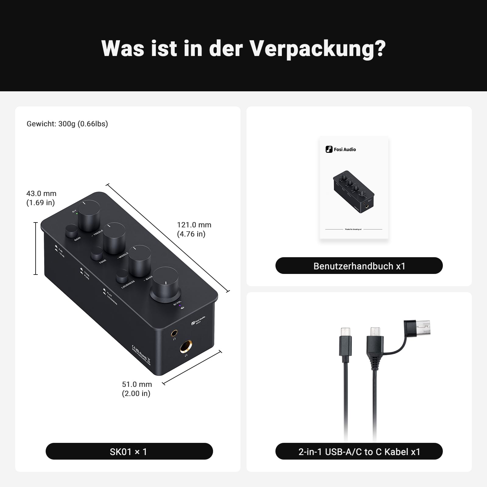 Fosi Audio SK01 Hi-Fi Kopfhörer-Verstärker, Equalizer Vorverstärker mit Bass Mittel Höhen Klangregler & Loudness-Kompensation, tragbarer Klass-A Analog Verstärker für 3,5mm & 6,35mm Buchsen E Gitarre