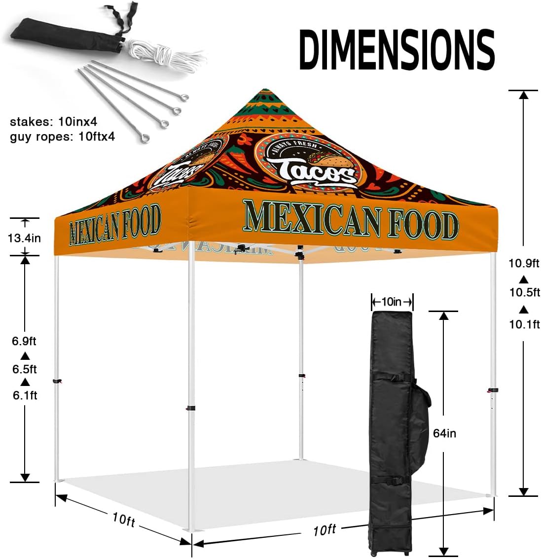 Custom Canopy Tent 10x10 with Logo, Personalized Pop Up Canopy Tent with Optional Walls for Business Events, Trade Shows, Farmers Market, Roller Bag Included(Demo Tacos)