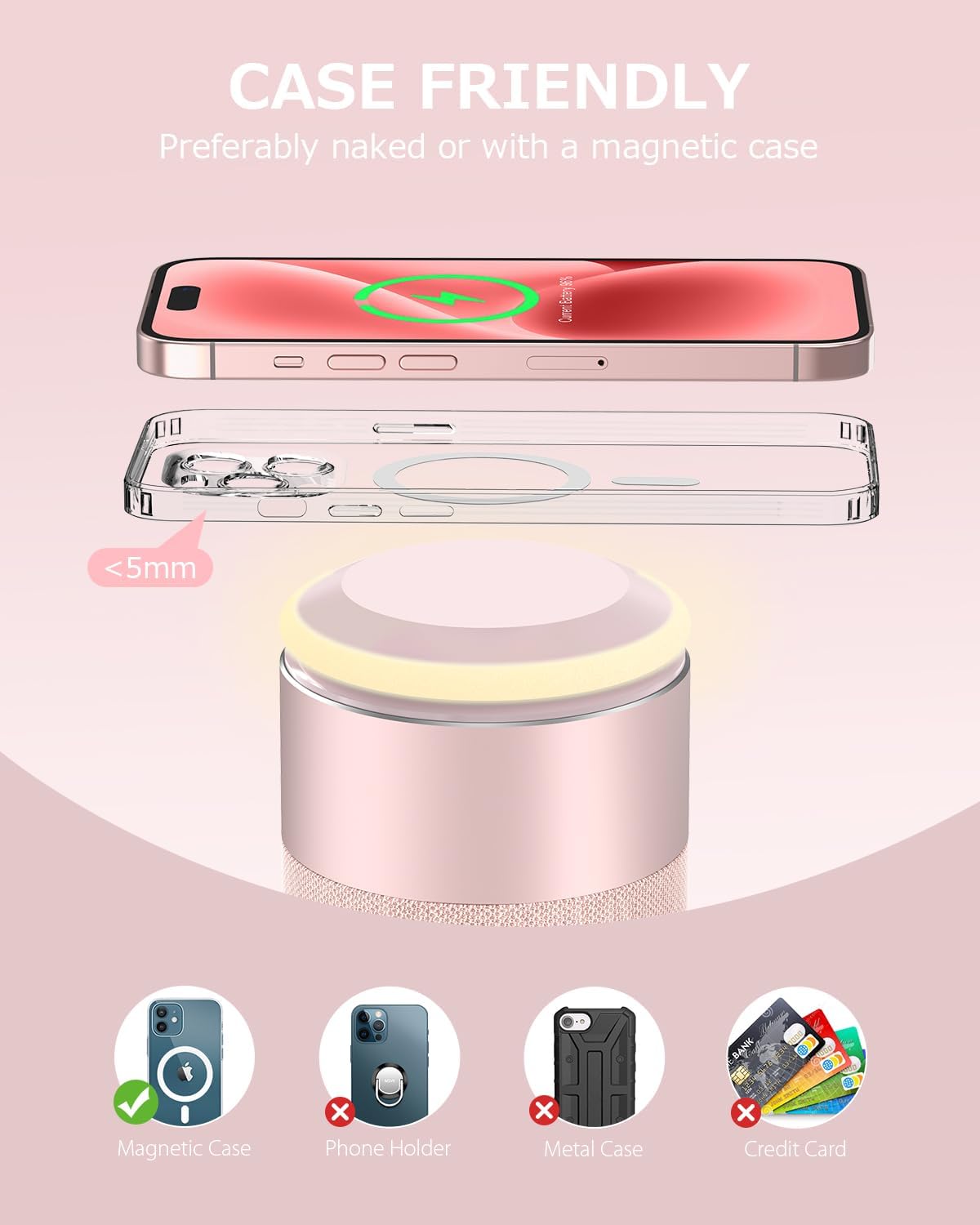 COLSUR Bluetooth Speaker, Magnetic Wireless Charger, Bluetooth Speakers with Night Light, 2 in 1 Wireless Charging Station for iPhone 17/16/15/14/13/12 Series, AirPods Pro 2/4/3/2（Gift Ideal） (Pink)