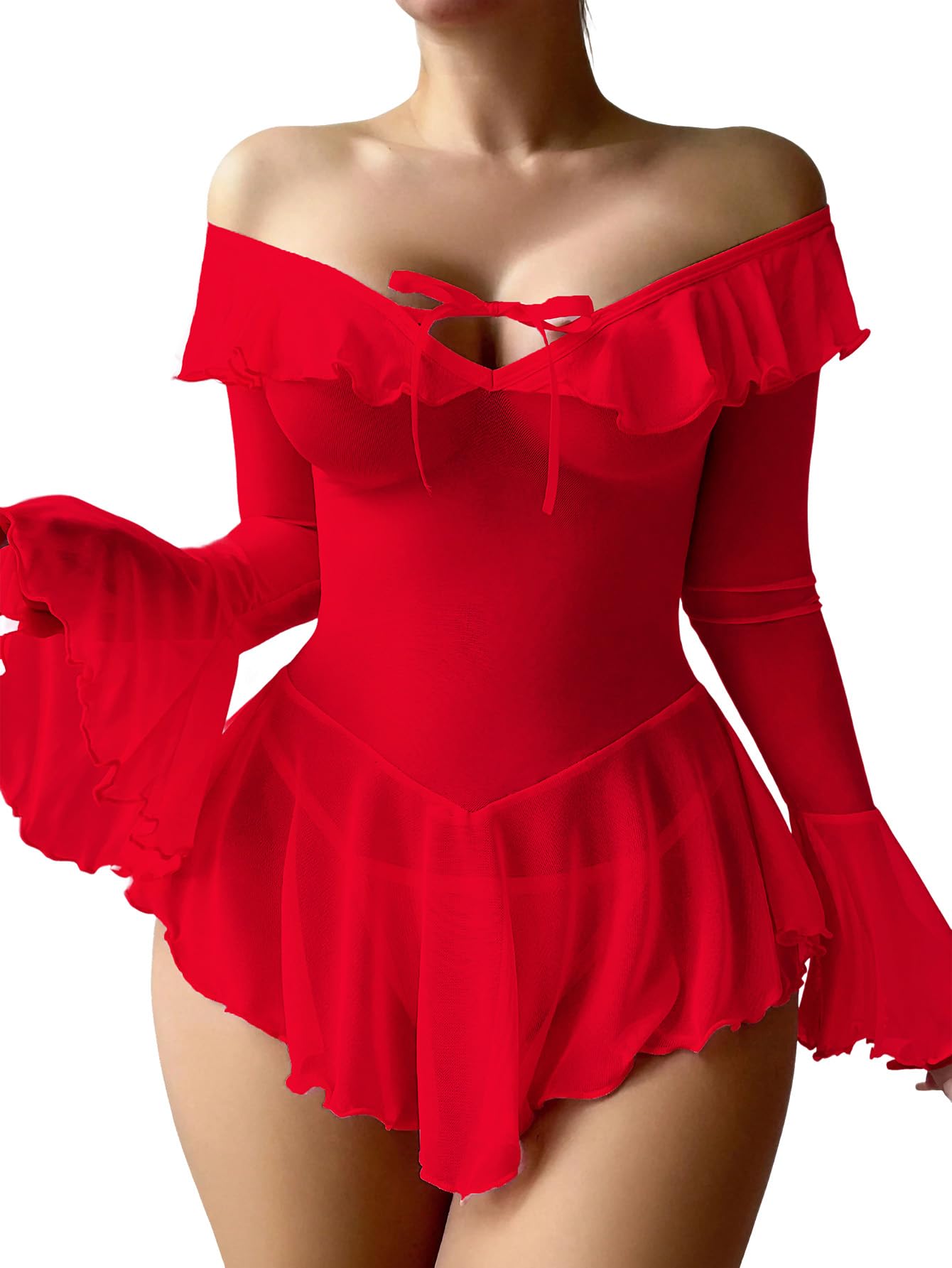 Neohouny Sexy Lingerie for Women Rave Outfits Clubwear See Through Lingerie Sets Bell Sleeve Ruffle Mesh Tops: Red Small