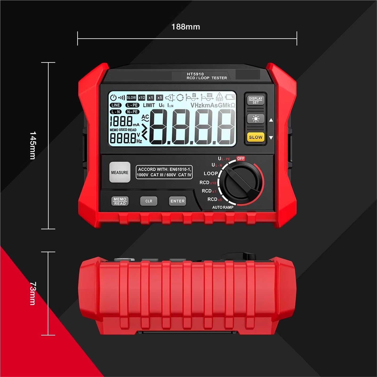 Analizzatore di reti elettriche, HT5910 Misuratore di Resistenza Interruttore Dispersione Tester LCD da 4.7 pollici Digitale RCD/Loop 1000 Memorizzazione Dati Voltmetro Elettricista