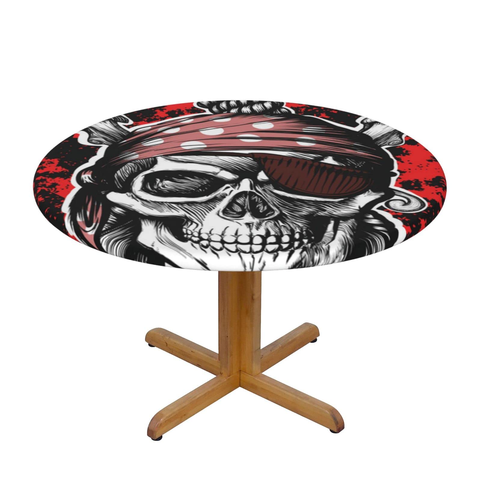 Lsjuee Round Fitted Tablecloth 45-50in Elastic Edged Table Cloth for Kitchen Dining Party Home Decor - Skull Pirate Death Black