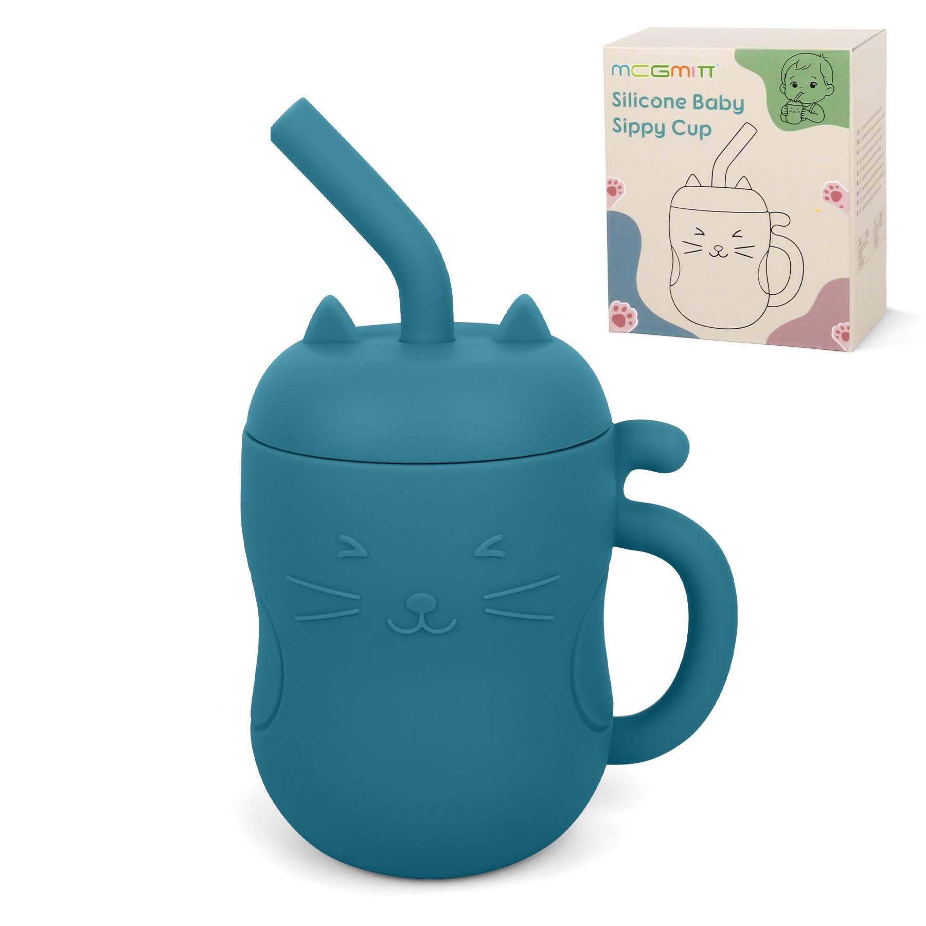 MCGMITT Baby Straw Cup, Silicone 2-in-1 Trainer Cup with Open Cup, Leakproof Sippy Cup with Removable Lid & Handle, BPA Free Toddler Cup, 150 ml, 6+ Months (Blue)