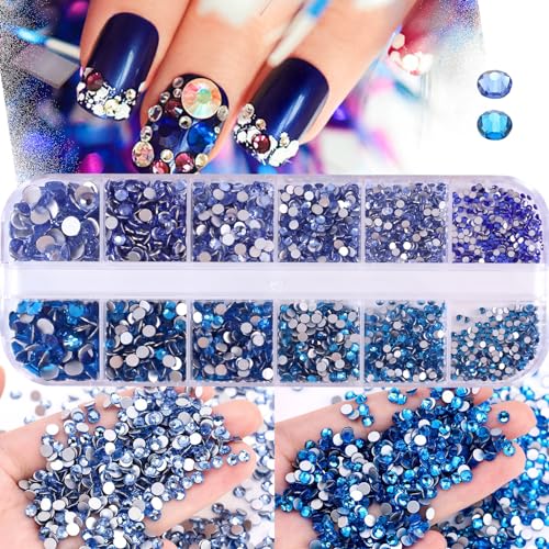 1500pcs Two Colors 6 Size Nail Art Rhinestones for Crafts Flatback Nails Pearls Bead Flat Back Pearls Gems for Nail Art Makeup, Shoes, DIY Craft Decorations (Blue)