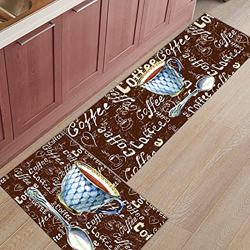 2 Pieces Kitchen Rug Mat Set Absorbent Soft Runner Carpets Cafe Cappuccino Latte Coffee Retro Letters In Vintage Style Non Slip Doormat Floor Mats Throw Runner Rug For Living Room #TOP9