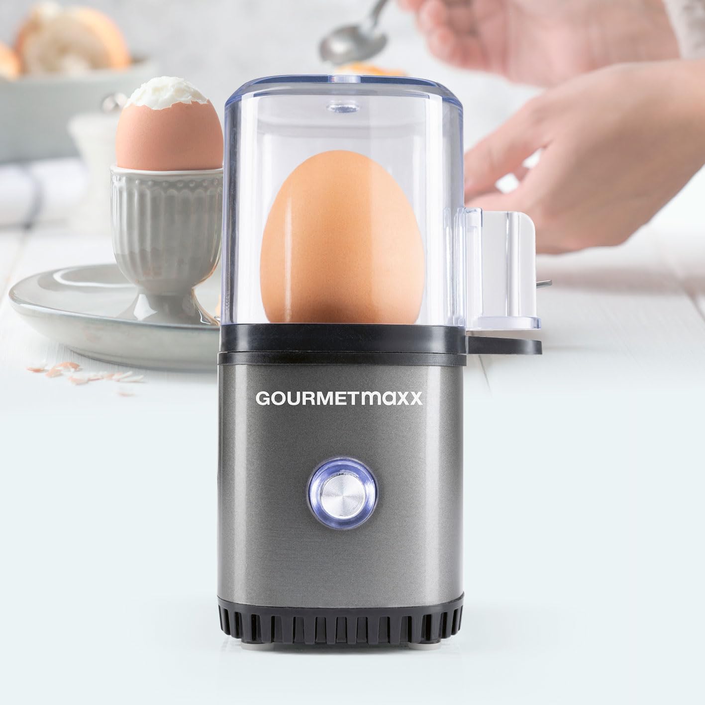 GOURMETmaxx Jajowar na 1 jajko | bojler do jajek z wykrawaczem do jajek w miarce | Egg Cooker – 3 stopnie twardości do Twojego kieliszka do jajka | designerski jajowar mały – części nadające się do