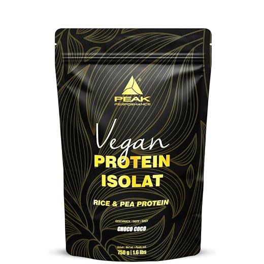 PEAK Vegan Protein Isolat - 750g Geschmack Choco Coco I 25 Portionen I Pulver I pflanzliche Proteinquellen: Erbse - & Reisprotein I für Muskelaufbau I Süße aus Stevia I GMO-free