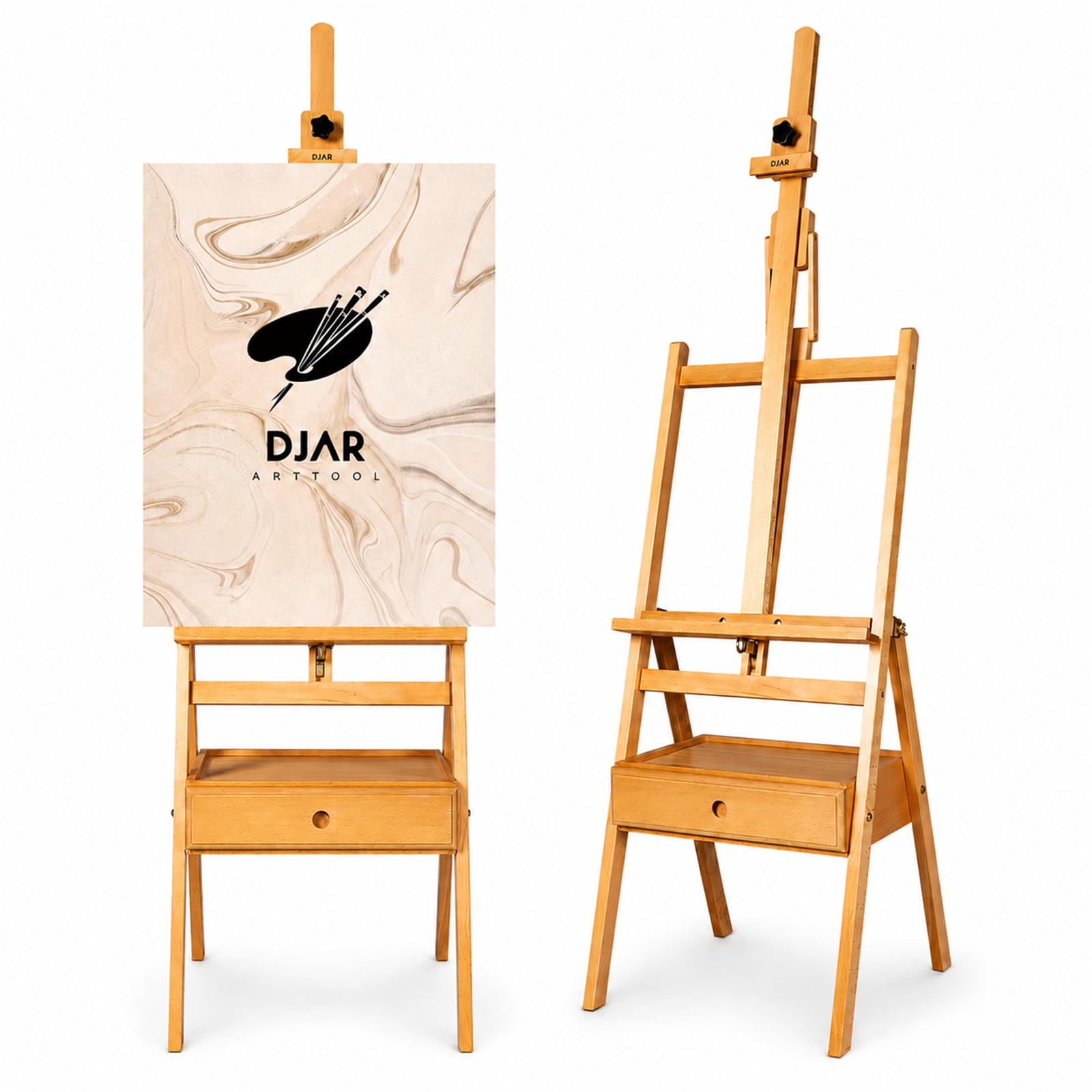 DJAR Caballete de Estudio con Cajón de Almacenamiento, Caballete de Suelo en H Ajustable de Madera de Haya Maciza, Soporta Lienzos hasta 91 cm, Natural