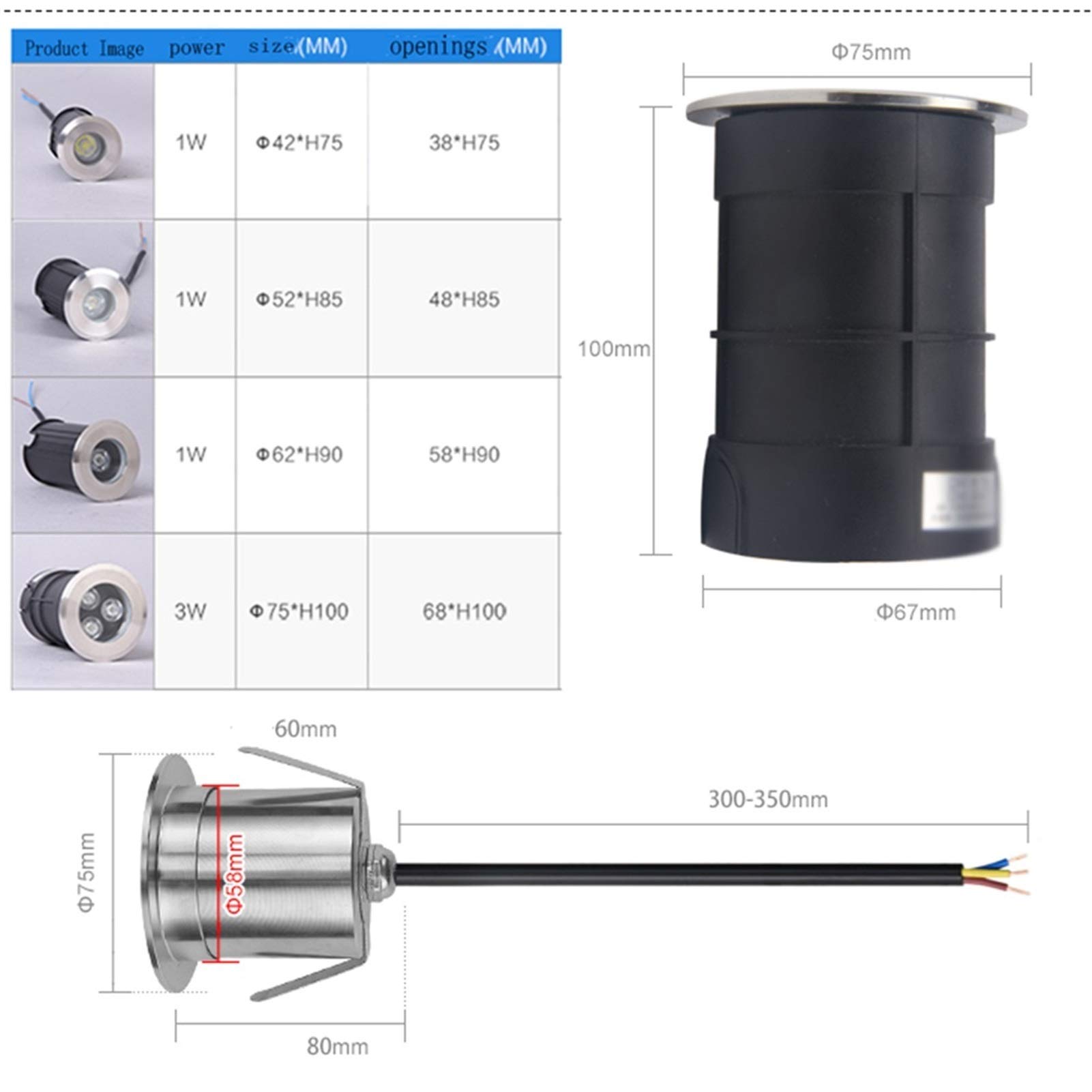 Spot LED Encastrable Exterieur 1W/3W IP68 étanche Spot LED escalier 12V&24V Tension de sécurité for escaliers, terrasses, allées, piscines (Couleur : Blanc Chaud, Taille : 42x75mm(24V))