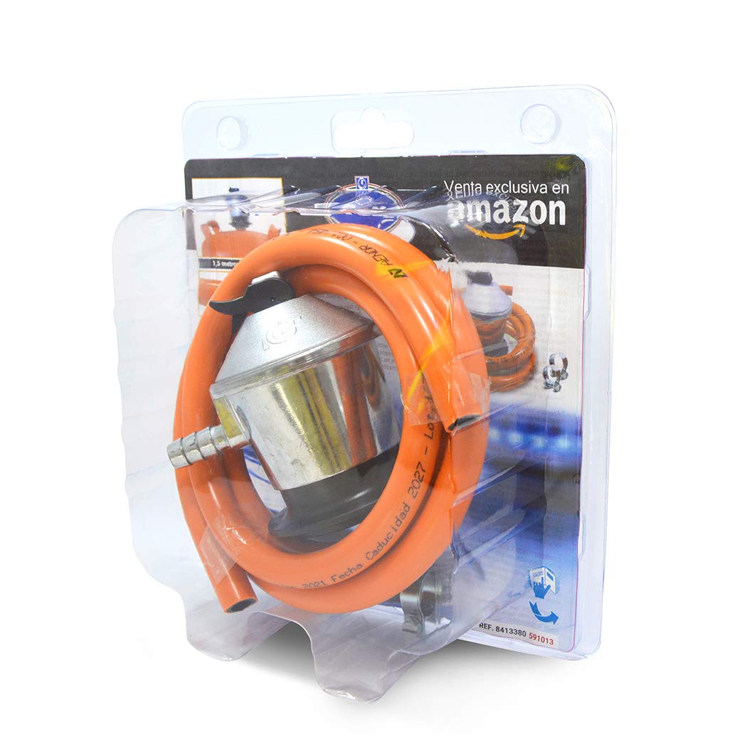 S&M 591013 - Kit standard per bombola di gas butano: regolatore + tubo di gomma (1,5 metri) + 2 morsetti di sicurezza | per cucine, riscaldatori, barbecue, stufe, stufe e paelleros