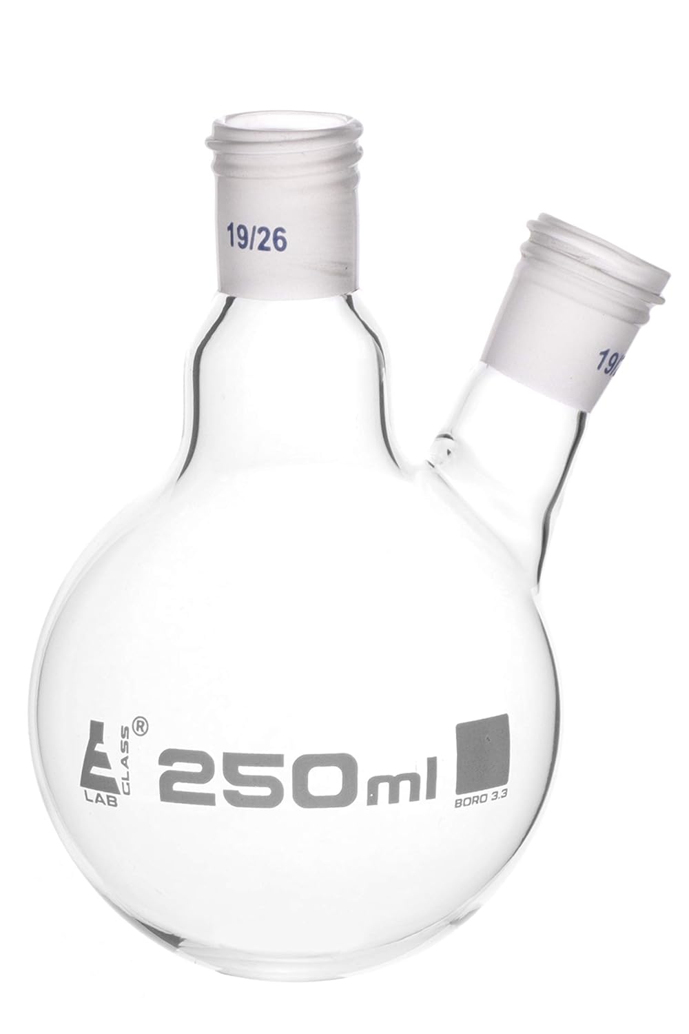 EISCO Distillation Flask with 19/26 Joints, 250ml Capacity, Two Necks, Interchangeable Screw Thread Joint, Borosilicate Glass