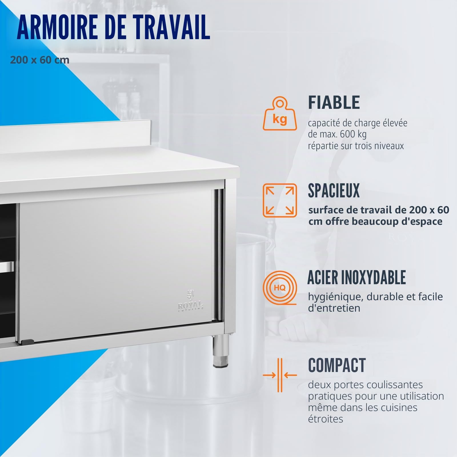 Royal Catering RCSSCB-200X60-E-B Meuble Bas en INOX Plan De Travail Cuisine Armoire avec Portes Coulissantes Adossé avec Dosseret (Capacité de 600 kg, Acier Inoxydable, 1 Tablette)