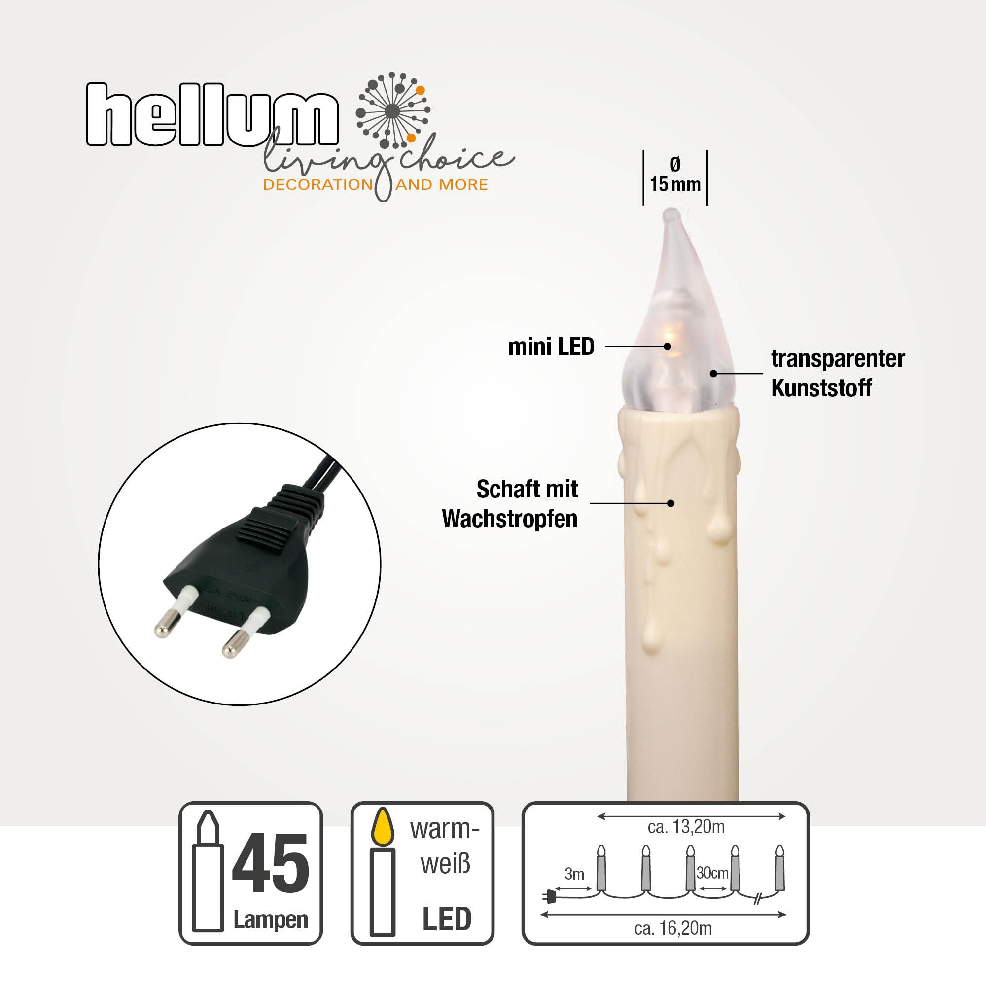 hellum Lichterkette Weihnachten innen elfenbein, 45 LED warmweiß, Stecker | Tannenbaum Lichterkette mit Clip, beleuchtet 10,35m, Kabel grün, LED Weihnachtsbeleuchtung innen, Baumkerzen <59lm 151640
