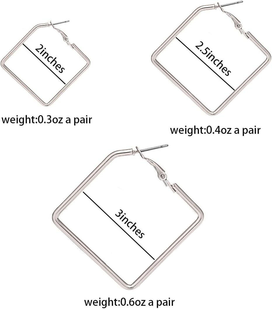 Square Hoop Earrings 3 Pairs Geometric Hoop Earrings Dangle Earring Set For Women (silver) - Image 7