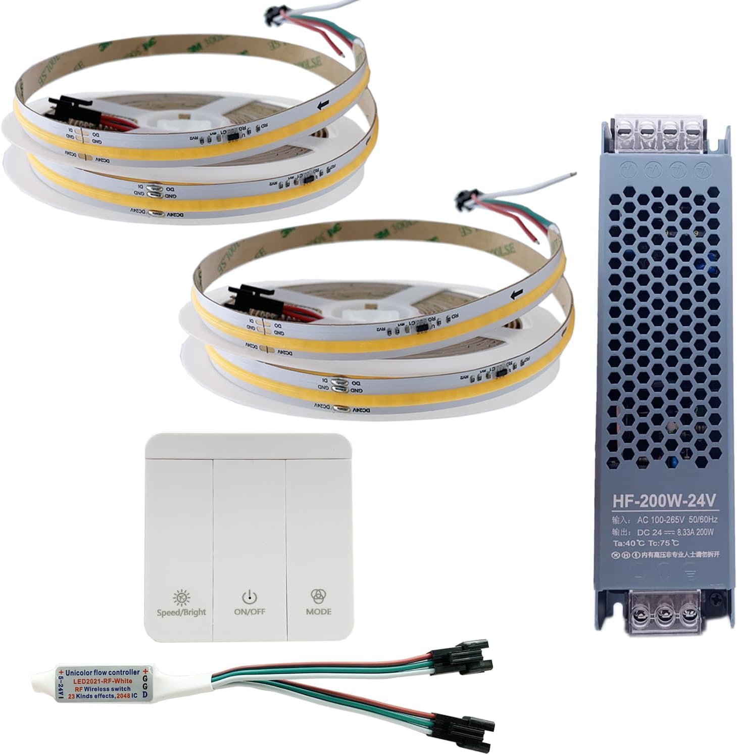 WS2811 Cob fluye agua corriente tira LED luz carreras de caballos neumáticos de caza control remoto inalámbrico DC24V potencia 20m 10m juego completo (tira 2x5M + 1 controlador + 1 potencia 3000K)