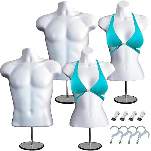 DisplayTown Juego de maniquí blanco con espalda hueca para hombre y mujer, con clips para ropa, soportes de metal y postes de metal y ganchos para