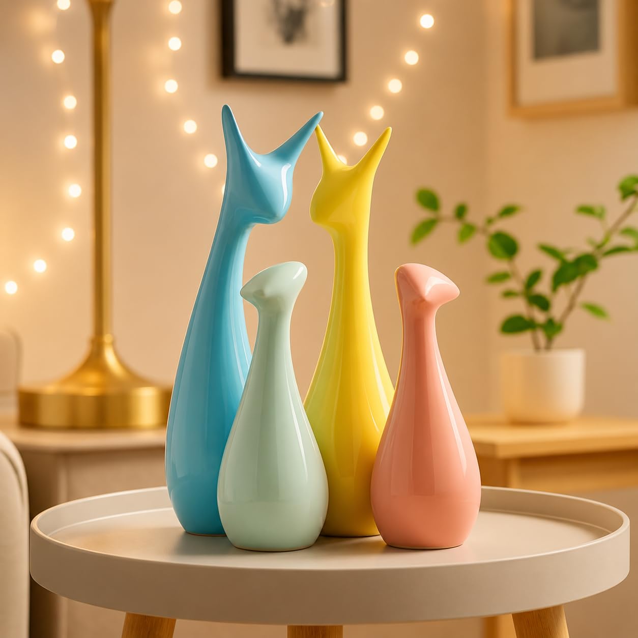 Xtore® Home Decor Lucky Deer Family Statue Piano Finish Ceramic Figures - (Set of 4, Multicolor)