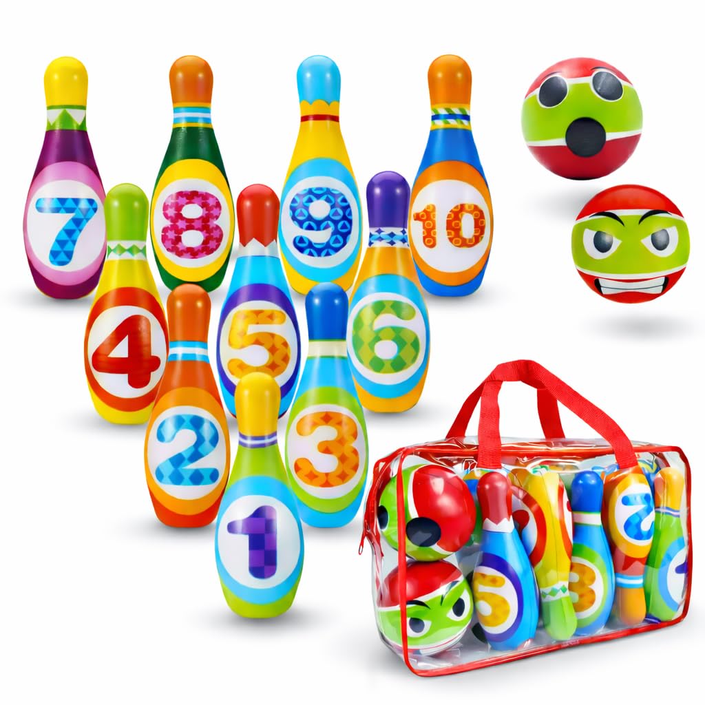 MandA® Birilli Bowling Bambini - Set di Bowling per Bambini - Regalo Borsa Trasporto - Giochi per Bambini di 2-5 Anni - Regalo Bambino - Giocattoli Montessori - 10 Bowling da 14 CM.