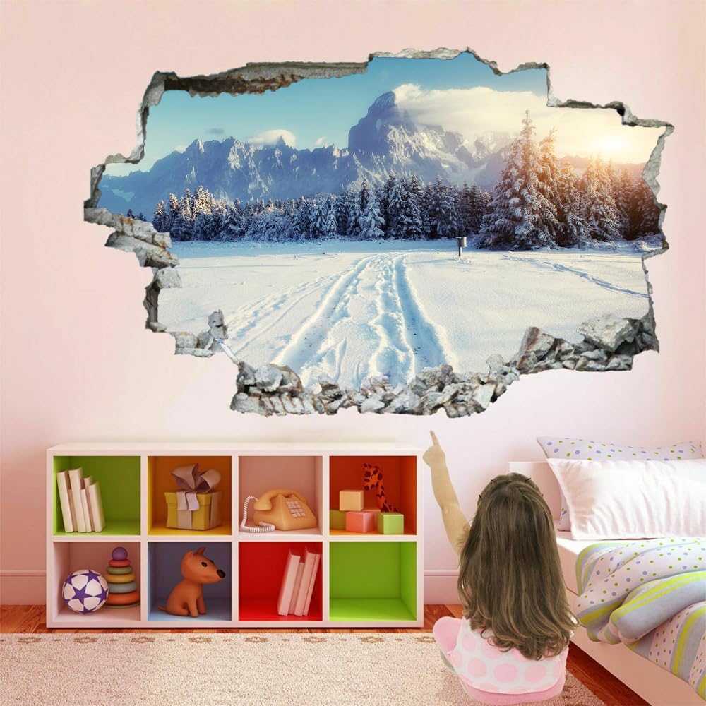 Adesivo Da Parete 3D Rimovibile Montagna Di Neve Decorazione Da Parete, Pavimento, Soffitto, Decalcomania Fracassata, Decorazione Artistica Albero Della Foresta Per Soggiorno, Murale 120x80cm