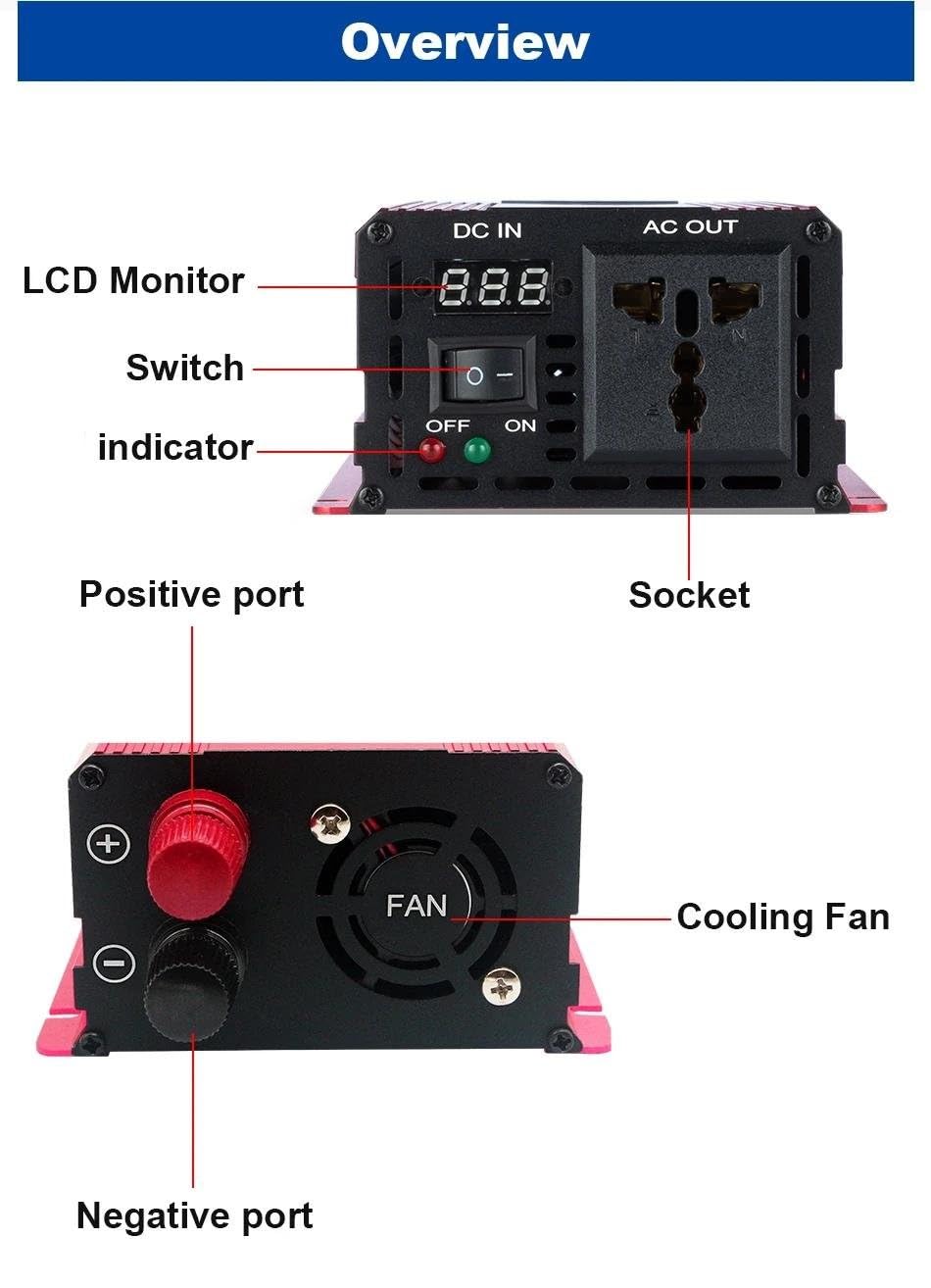 Convertitore Power Inverter Auto Inverte 1000W 1600W 2200W 3000W Inverter A Onda Sinusoidale Pura DC 12V 24V A AC 110V 220V Trasformatore Tensione Convertitore Potenza Solare(24V,220-230V 50HZ,1600W)