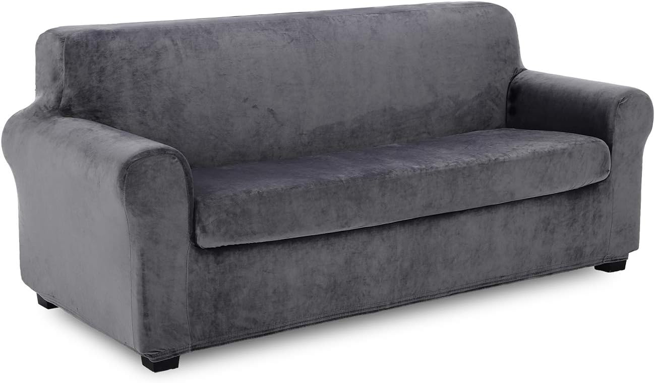 TIANSHU 2 Piece Velvet Sofa Cover, Soft Plush Couch Cover for 3 Cushion Couch, Non-Slip High Stretch Sofa Slipcover for Living Room, Stylish Fleece Furniture Cover Protector.(Sofa, Gray)