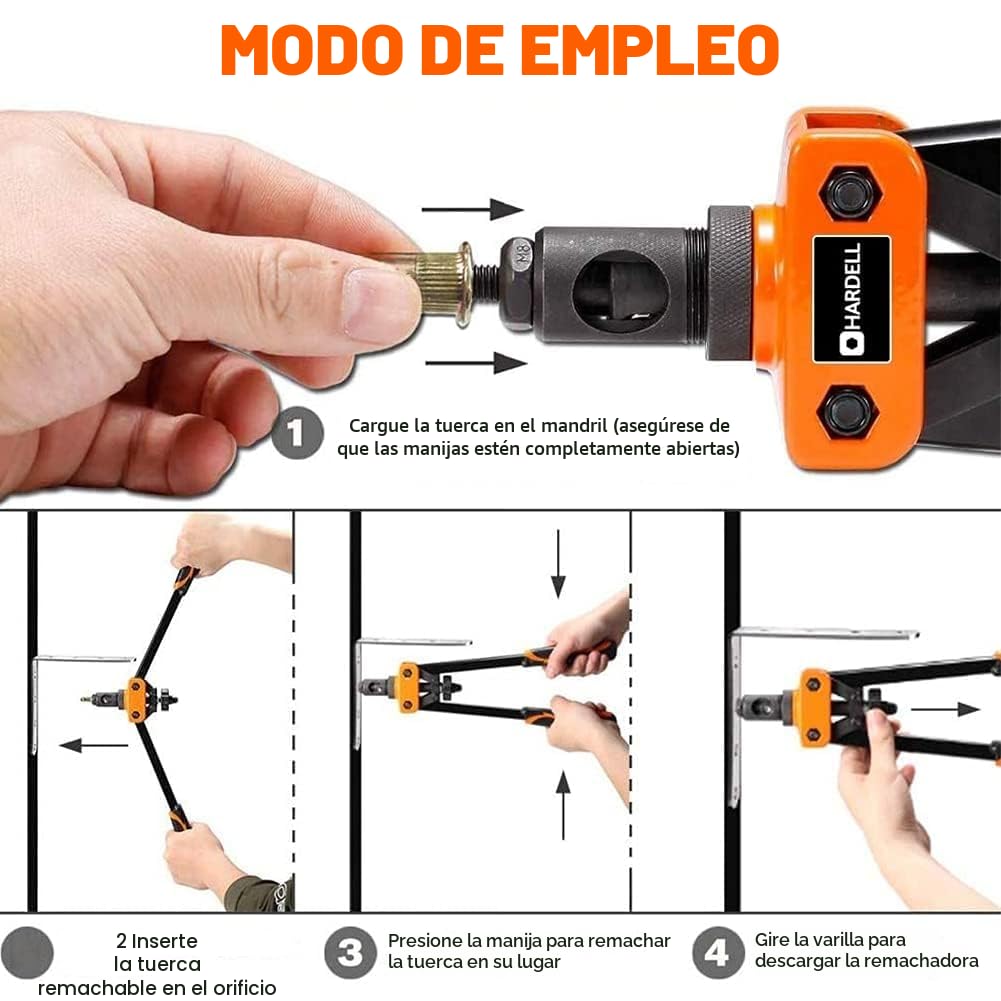 HARDELL Remachadora de Tuercas, 14" Remachadora Manual Con 150pcs Remachadora Tuercas, y 6 Mandriles Intercambiables M3 M4 M5 M6 M8 M10, Naranja