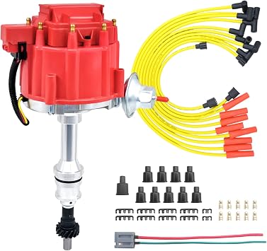MAS Performance HEI Ignition Distributor w/Cap & Rotor and Spark plug Wire set Compatible with Ford 351 400 460 HEI 65000 Volt Coil KA-1046013 PE332U JM6506BL 351CBLHEI0Red HEI Kit