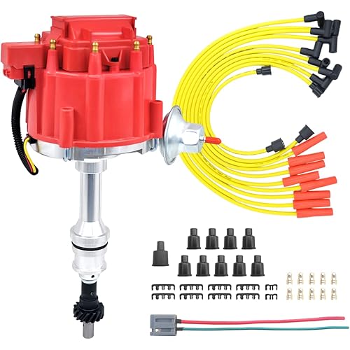 MAS Performance HEI Ignition Distributor w/Cap & Rotor and Spark plug Wire set Compatible with Ford 351 400 460 HEI 65000 Volt Coil KA-1046013 PE332U JM6506BL 351CBLHEI0(Red HEI Kit)