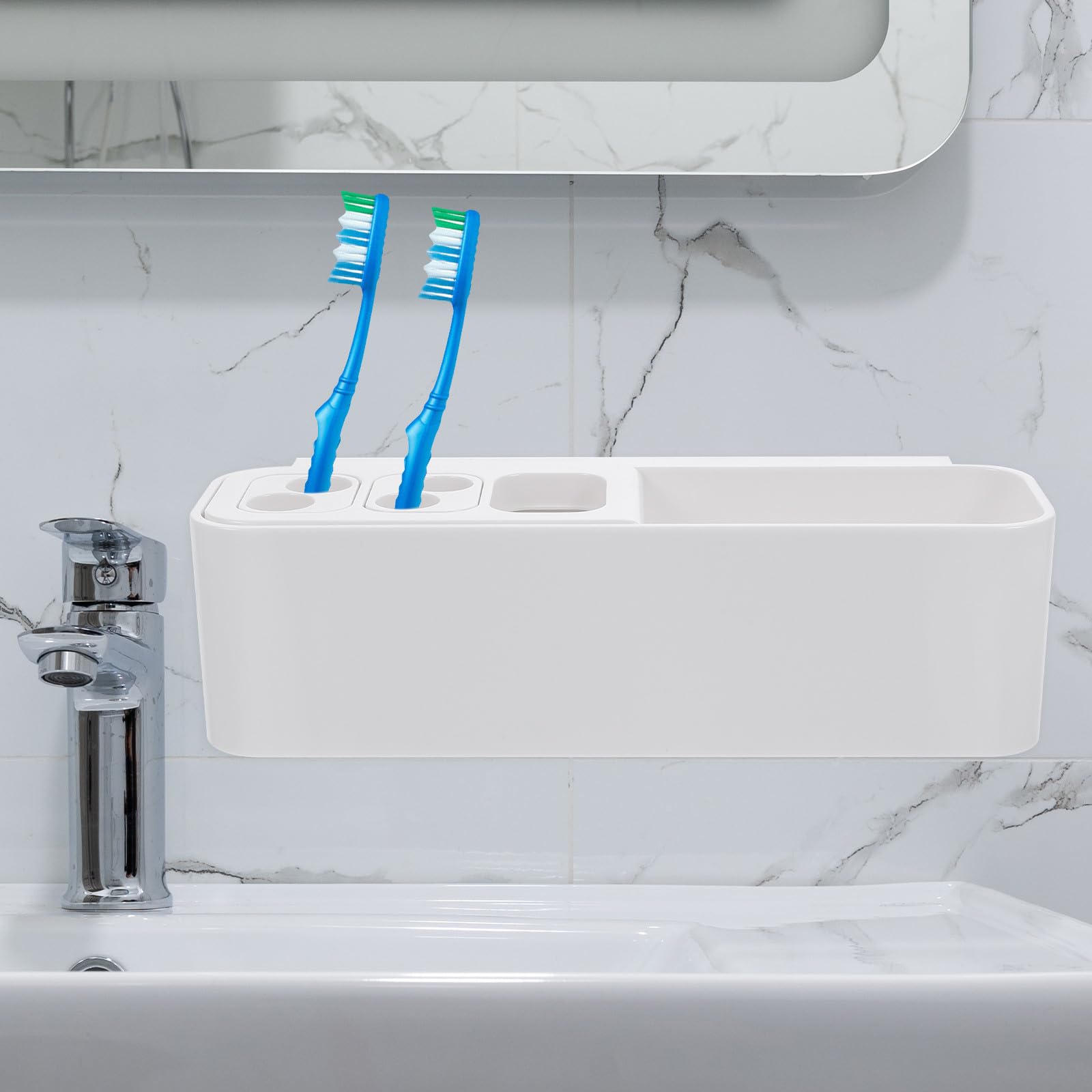 SHINEOFI Portaspazzolino da Parete Bianco in ABS Gancio Adesivo Resistente Organizer Multiscomparto per Spazzolino Elettrico e Accessori da Bagno Contenitore Drenante per Doccia e Cucina