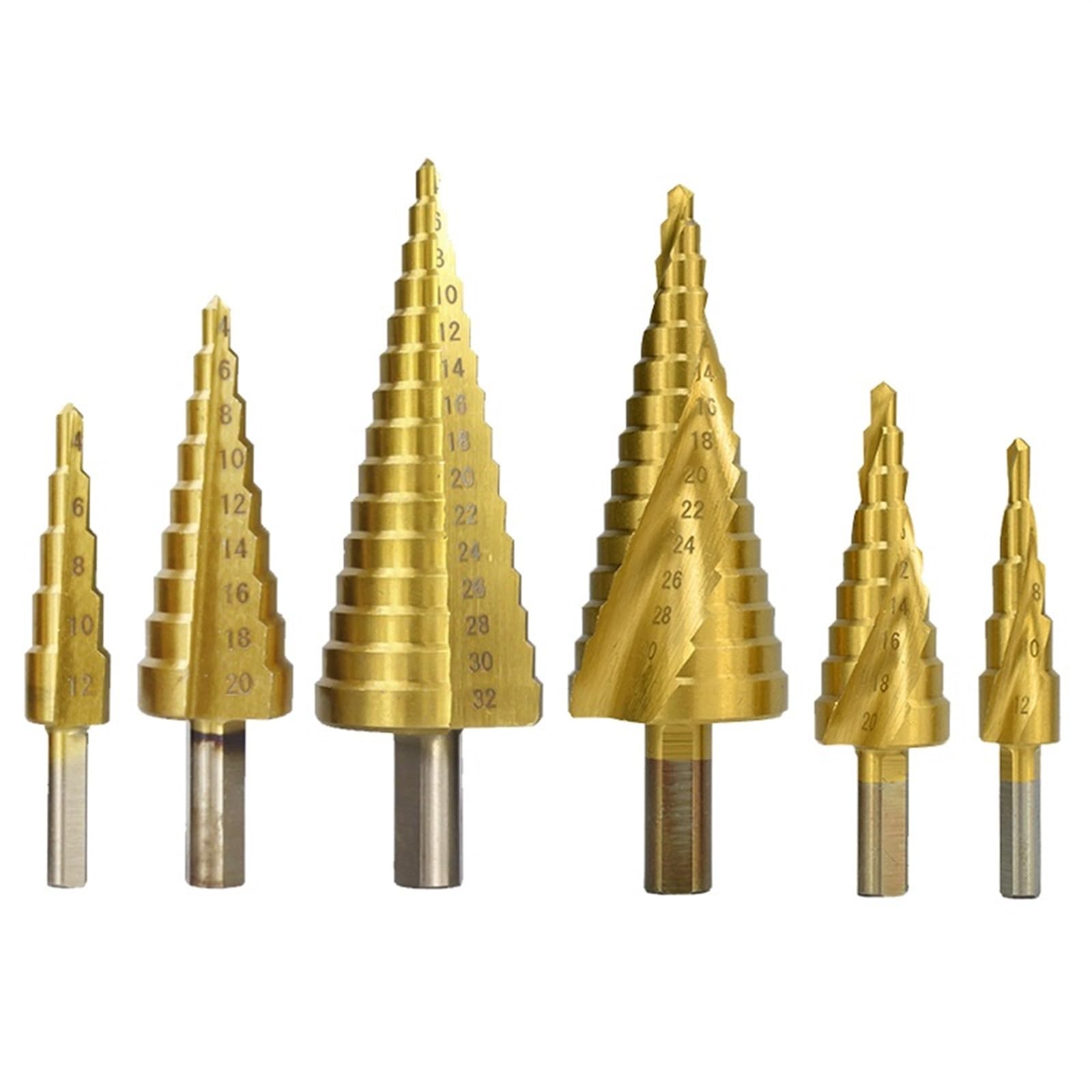 6 szt. Zestaw wierteł stopniowych, 4-12 mm 4-20 mm 4-32 mm HSS Powlekane tytanem Proste szczeliny Spiralne rowki Stożkowe wiertła do drewna Blacha ze stali nierdzewnej