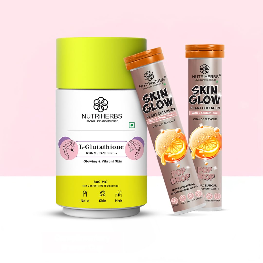NUTRiHERBS L-Glutathione & Glow Builder Skin Radiance Collagen Booster Combo with Biotin, Vitamin C, Vitamin E For Brighter & Youthful Skin for Men and Women (30 Capsules & 30 Sachets)-image-13