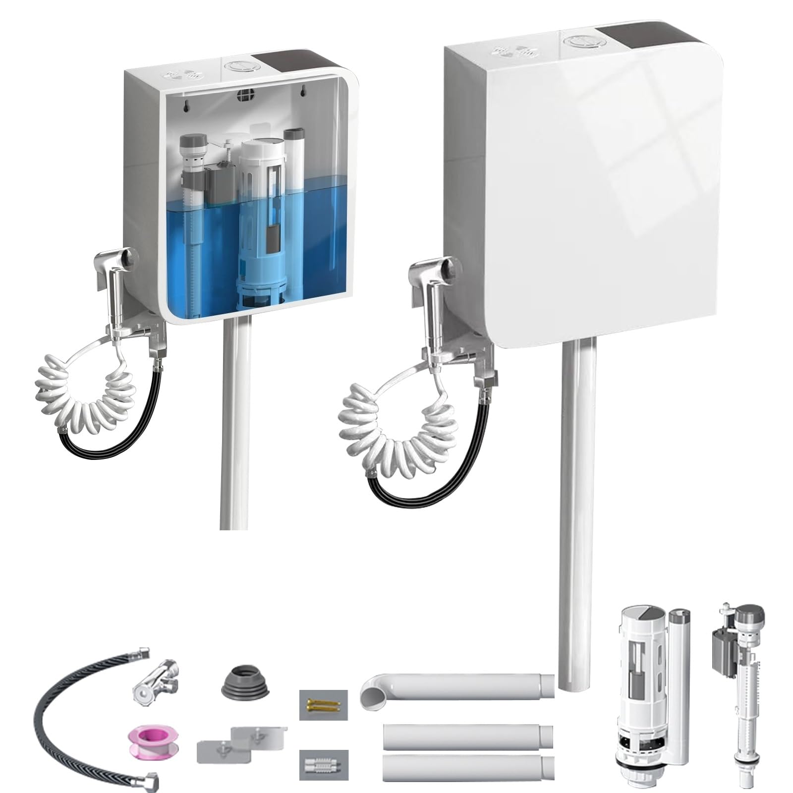 Depósito de inodoro de plástico de perfil bajo, diseño de ahorro de agua, mecanismo de descarga completo incluido, modelo silencioso blanco - ideal para renovación e instalación de baños.