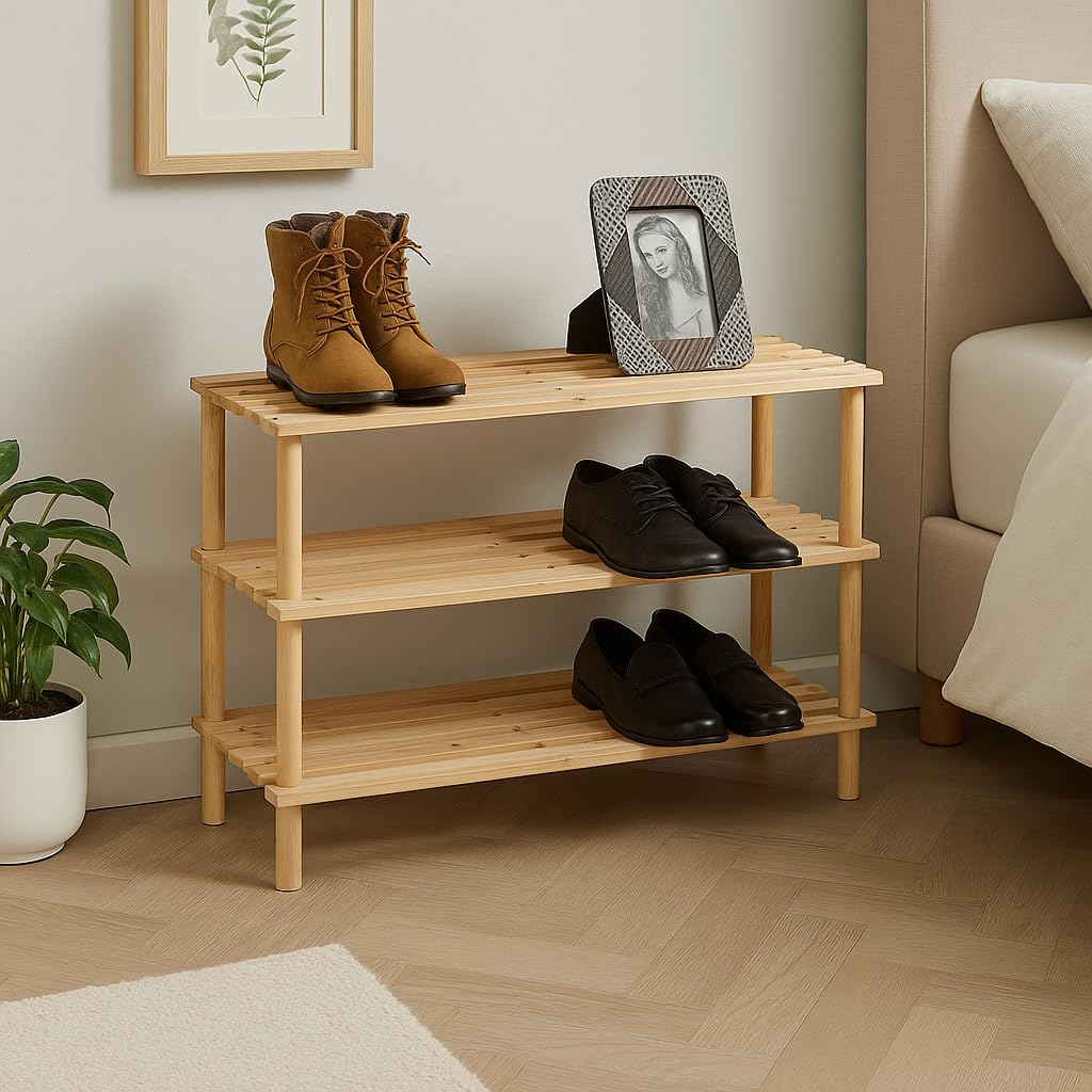 Scarpiera a 3 livelli in legno naturale di bambù 63x26x48h cm
