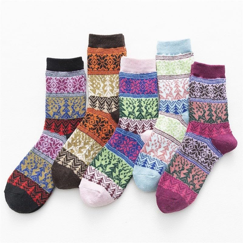 Image of Women Winter Socks 5 Packs Wool Socks Gifts for Mom Warm Vintage Soft Christmas Socks Thick Cold Knit Crew Socks