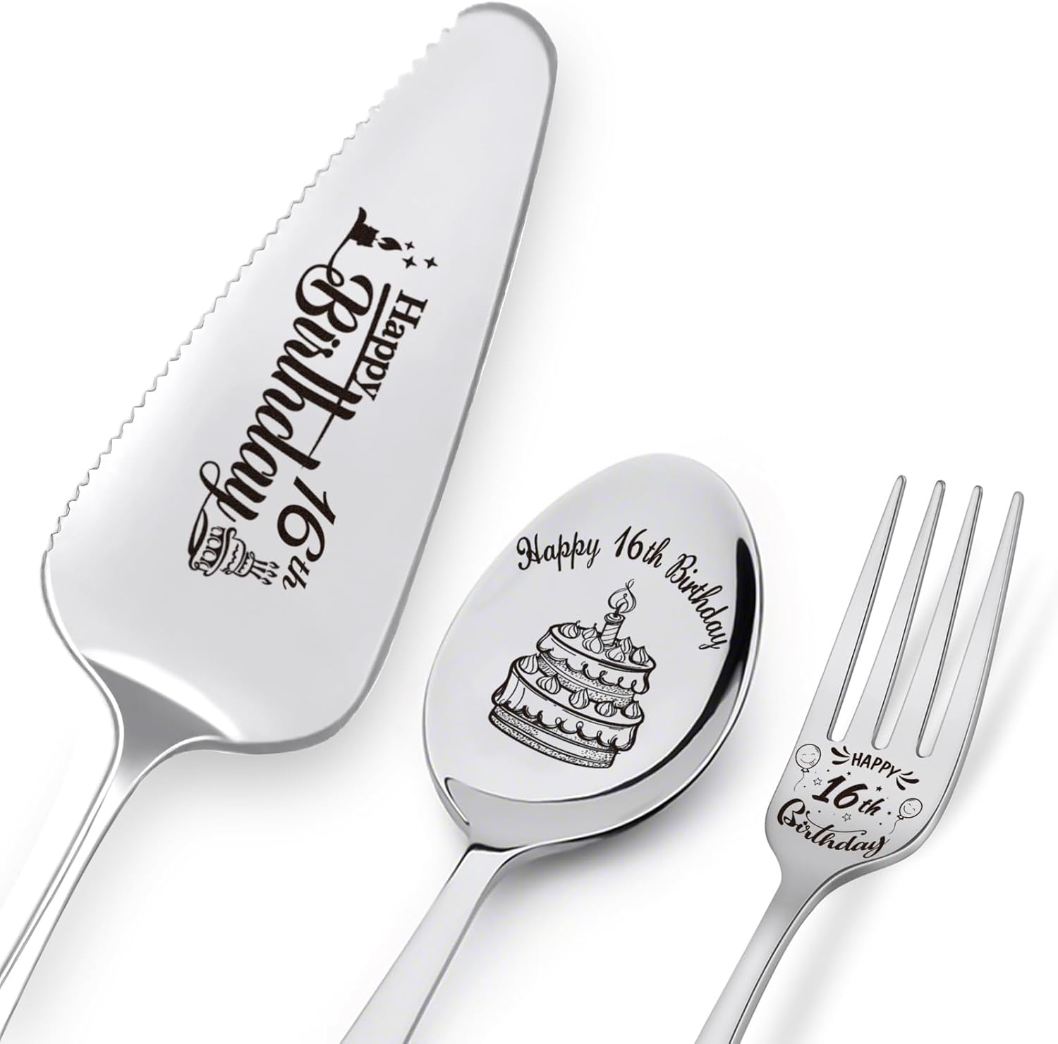 Happy 16th Birthday Personalized Laser-Engraved Stainless Steel Birthday Party Utensil Set - Cake Server, Spoon, and Fork for Son Daughter Nephew Niece