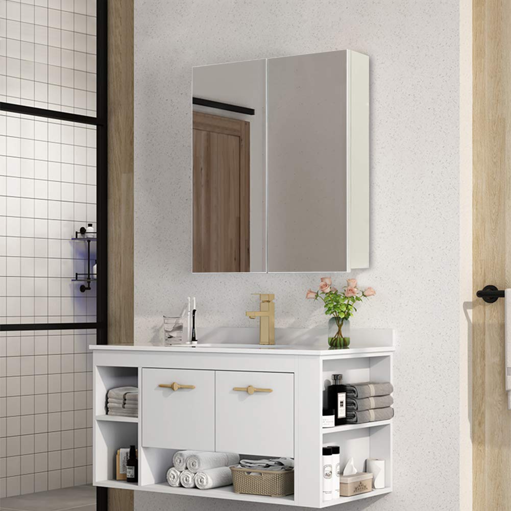 TUKAILAi Armario con Espejo de baño de 2 Puertas con Estante Ajustable, montado en la Pared, Armario de baño con Doble Espejo, Estante Organizador de Madera, Armario para baño