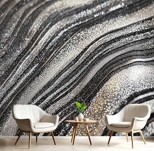 Carta da Parati Panoramica Lusso Marmo, Carta da Parati Seta Poster Murale Metallo Lucido, 300 x 210cm (L×H) Nero Argento Poster Quadri Fotografici Murali Per Camera Soggiorno