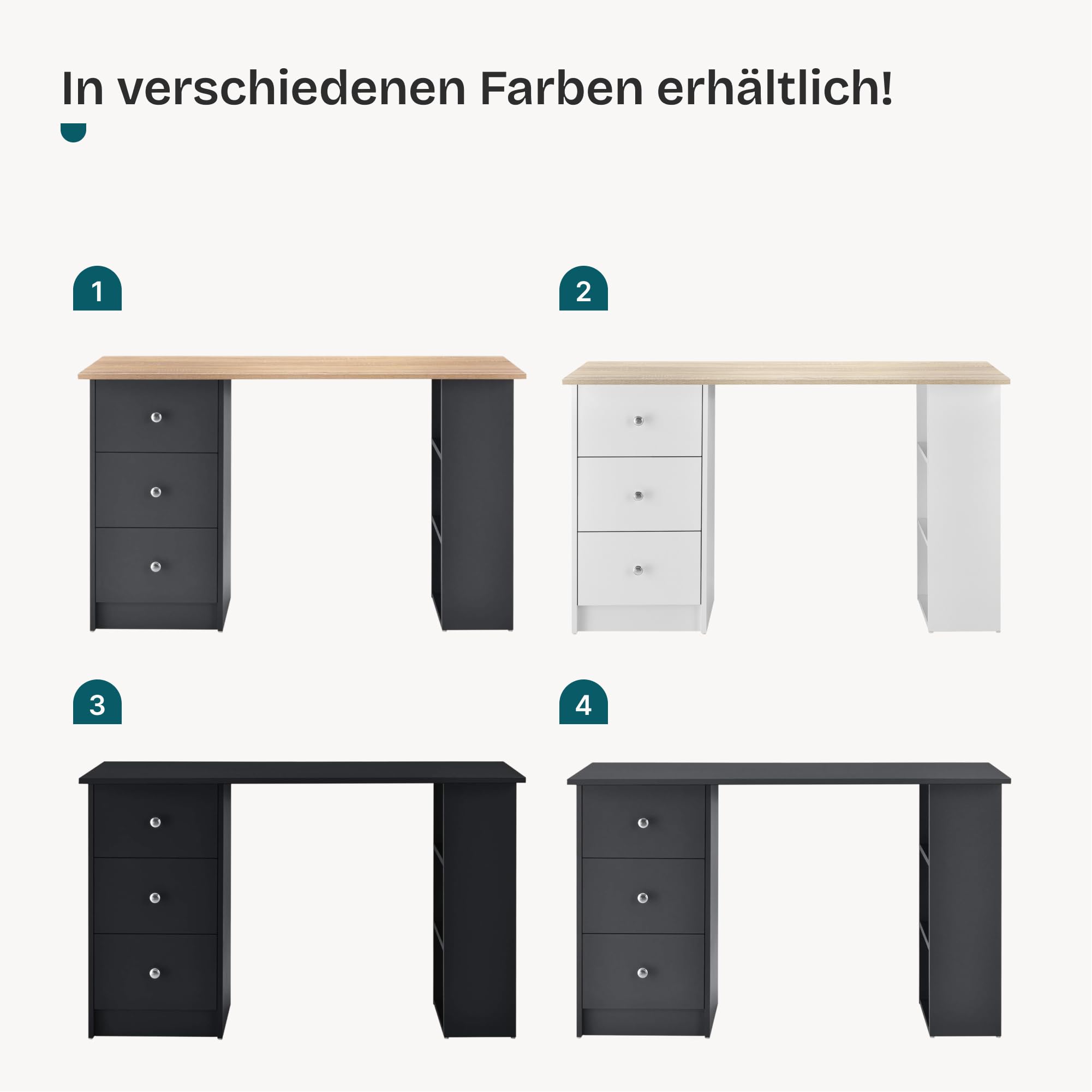 [en.casa] Schreibtisch Lemberg Computertisch 120 x 49 x 72 cm Bürotisch mit 3 Ablagefächern und 3 Schubladen Arbeitstisch Weiß/Eicheoptik