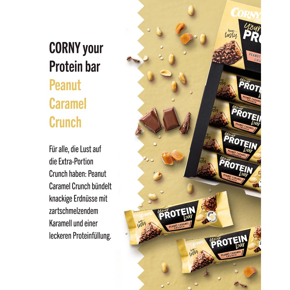 Corny Proteinriegel Peanut Caramel Crunch, 30 Prozent Protein, Eiweißriegel ohne Zuckerzusatz, 12 Stück (1er Pack)