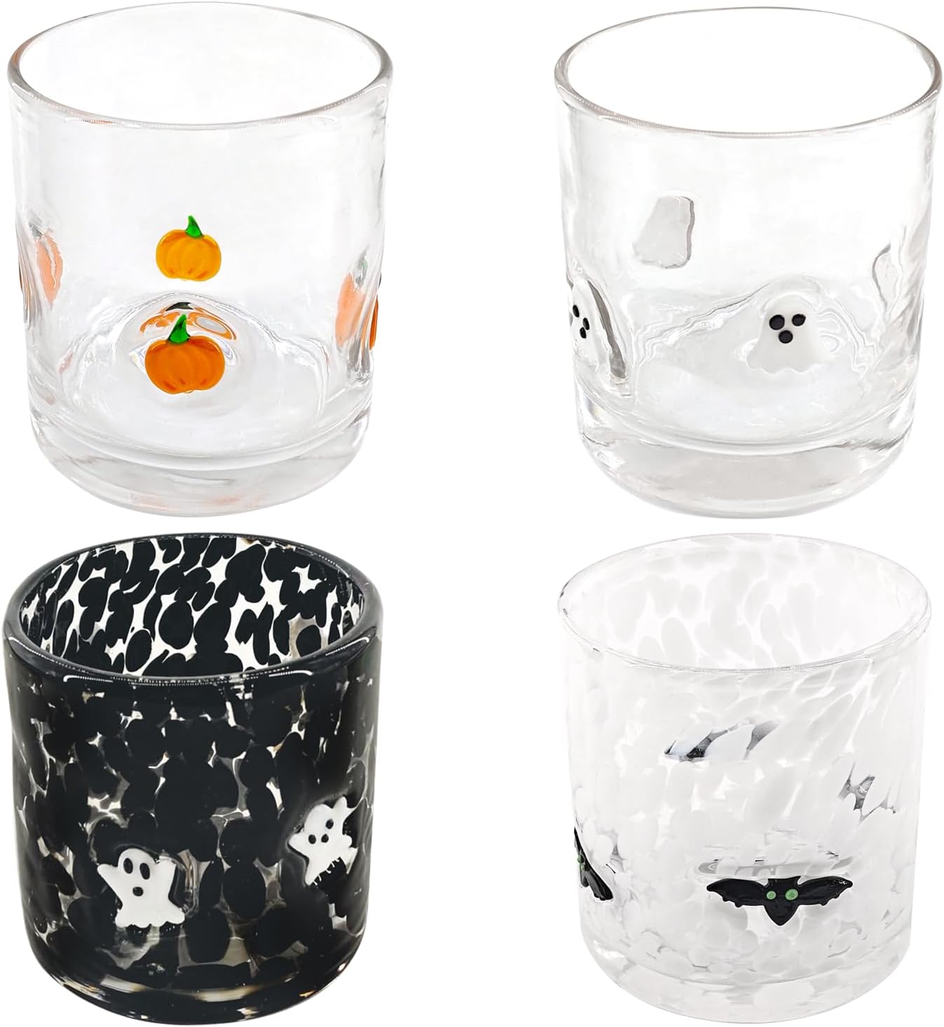 4pcs Cups The 16 Oz Cute Icons Juice Glasses Is A Double Old Fashioned Hand Blown Drinking Glass That Includes A Pumpkin, Bat And Ghost Pattern