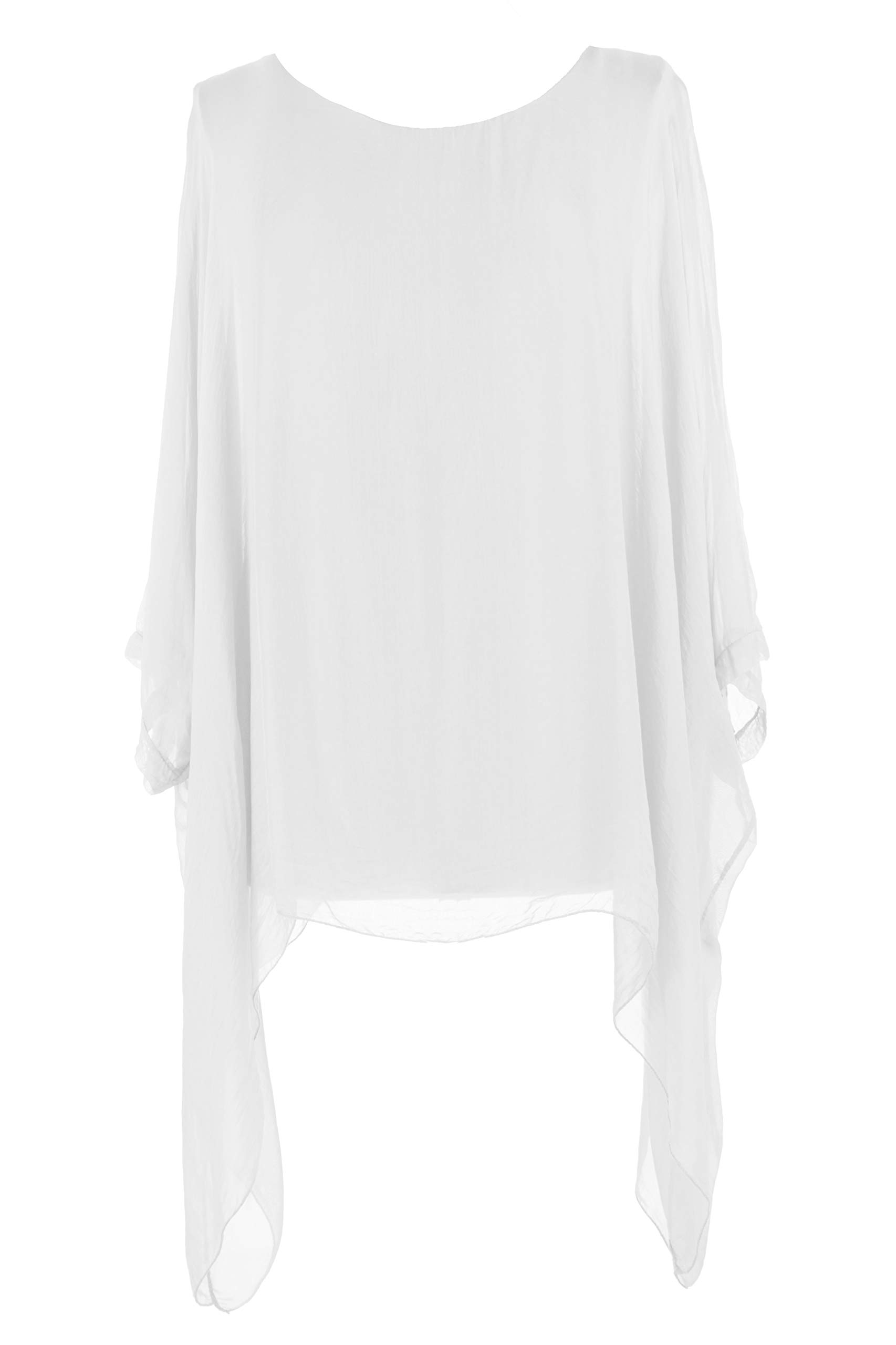 Texture Women's White Italian Lagenlook Batwing Short Sleeve Plain Flowy Silk Kaftan Tunic Top Blouse One Size Plus (, One Size)